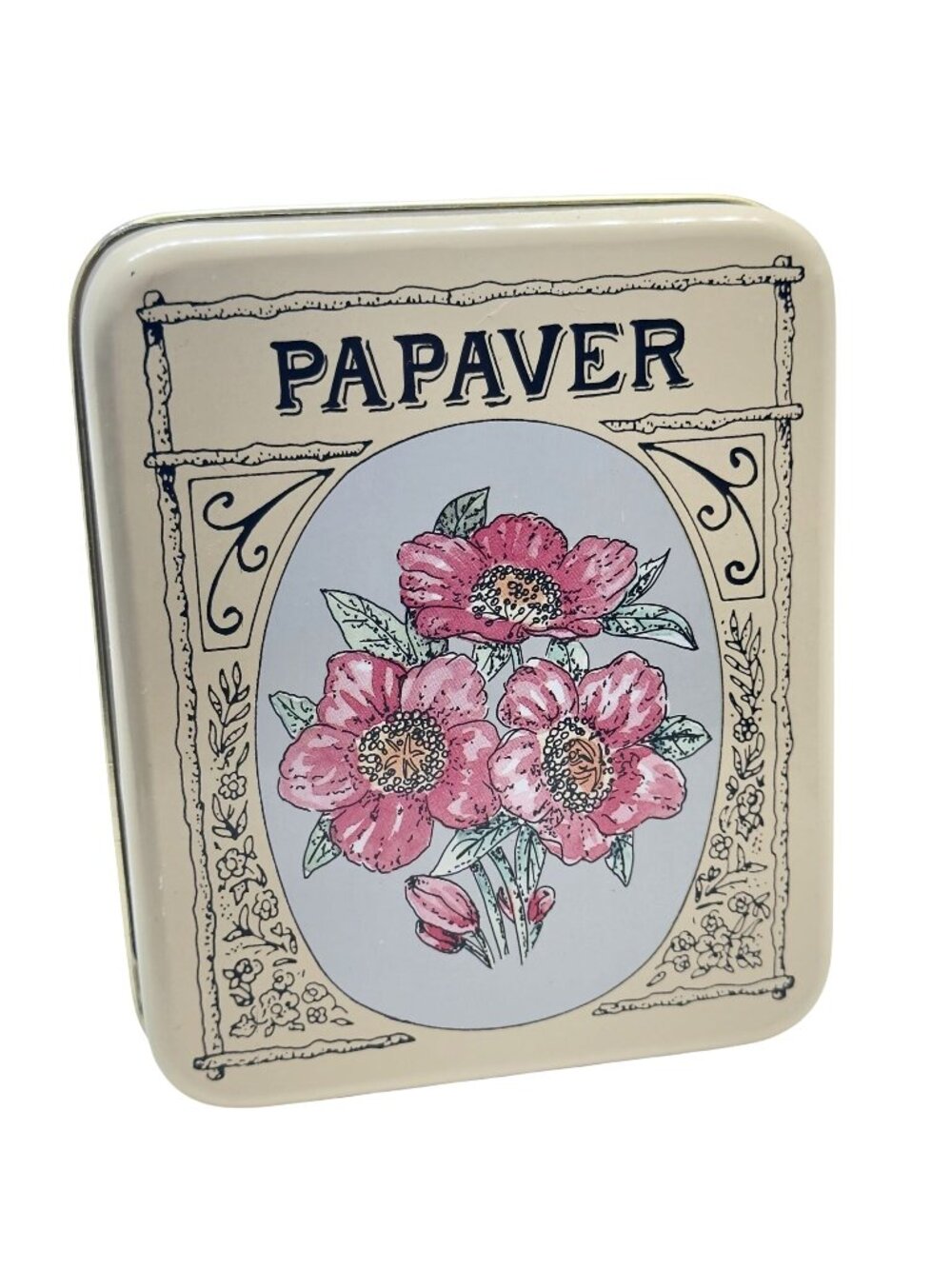Papaver Apothecary Vtg Tin Trinket Box Pink Poppy Cream Exterior Art Deco-Style